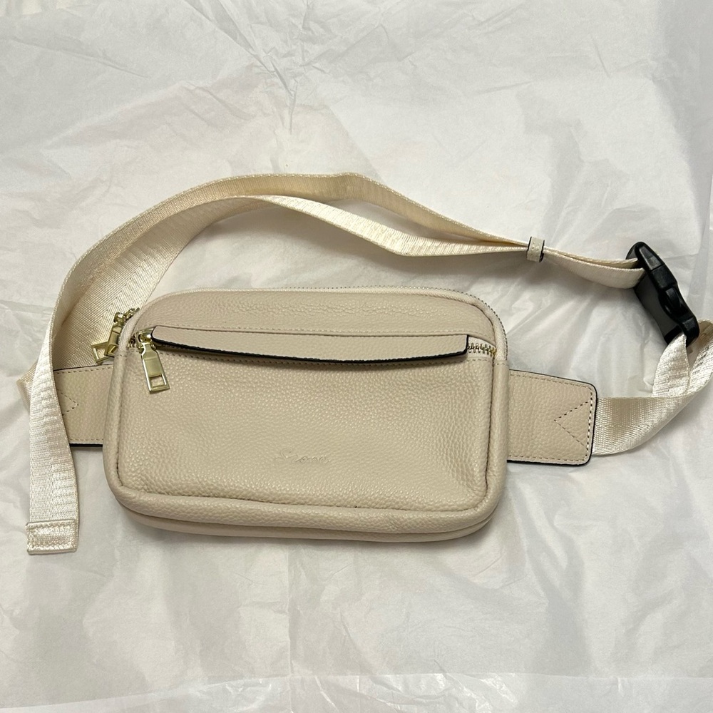 S-Zone Genuine Leather RFID Blocking Fanny Pack in Off White/Cream. - Picture 6 of 14